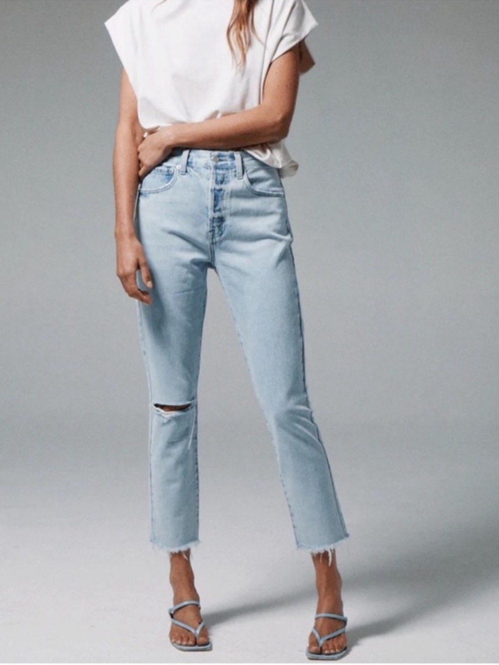Pistola Keaton Hi Rise Button Fly Slim Straight Light Wash Cropped Jeans Sz 29
